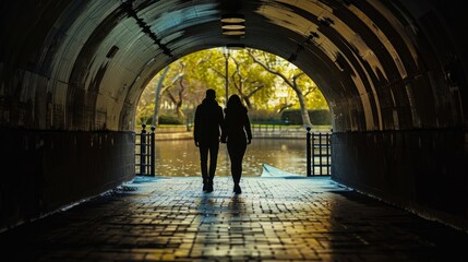 Two individuals walking through a dark tunnel, their silhouettes framed by the tunnel entrance