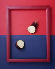 Eggplant in  picture frame on red and blue background