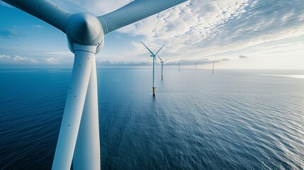 An aerial perspective of a wind farm in the ocean, showcasing rows of tall wind turbines on the sustainable energy site - obrazy, fototapety, plakaty