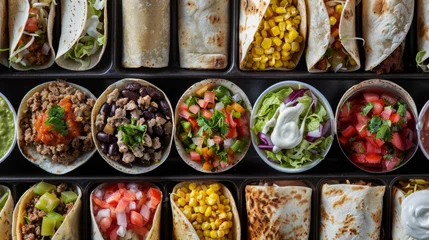 Poster A group of traditional Mexican burritos neatly organized and packed in a to-go container © Ilia Nesolenyi