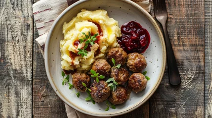 Fotobehang A plate of creamy mashed potatoes topped with succulent Swedish meatballs and a dollop of cranberry sauce © Ilia Nesolenyi
