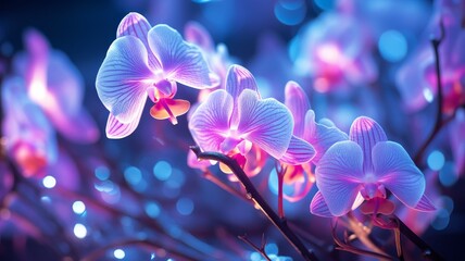 Orchid, DNA strands, glowing petals, in a laboratory setting, under fluorescent lighting