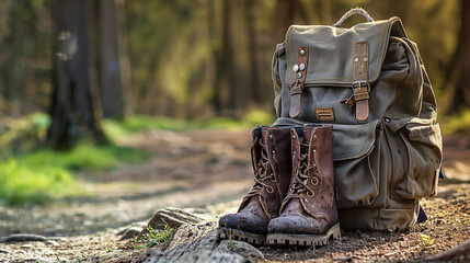 A school bag placed next to a pair of muddy boots, hinting at outdoor adventures.