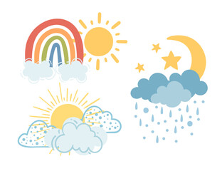 Set of weather icons rainbow sun moon and clouds vector illustration isolated on white background