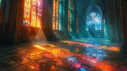 Gothic cathedral with stained glass casting colorful mystical symbols onto the stone floor