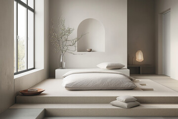Scandinavian Minimalist Bedroom in Stockholm with Low Platform Bed, Pastel Colors, Dusk Light, and Wool Textures