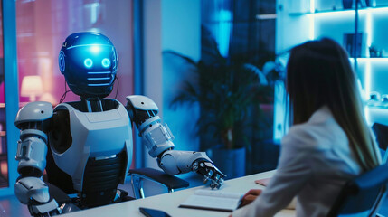 Job Interview With Futuristic Robot In Modern Office. Ai Replacing Humans. Taking Our Jobs In The Future. Generative Ai