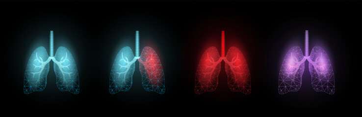Lungs. World Asthma Day concept. Banner template with glowing low poly. Futuristic modern abstract. Isolated on dark background. Vector illustration.