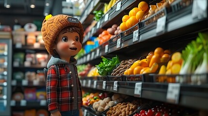 Healthconscious 3D cartoon character examining organic products in a specialty aisle - obrazy, fototapety, plakaty