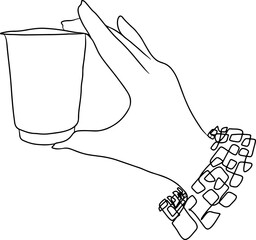Continuous line drawing of hand holding glass water on transparent background. Vector illustration