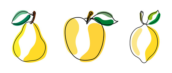 Set of yellow fruits in linear style. Lemon. Apple. Pear. For food product design. Fruit delivery. Proper nutrition. Vector design