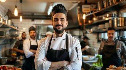 Fototapeta na wymiar Portrait Of Chef Standing With His Team On Background In Commercial Kitchen At Restaurant