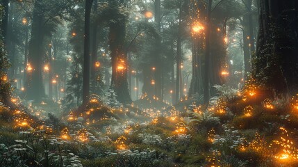 Mystical forest clearing with glowing runes floating in the air, ethereal light