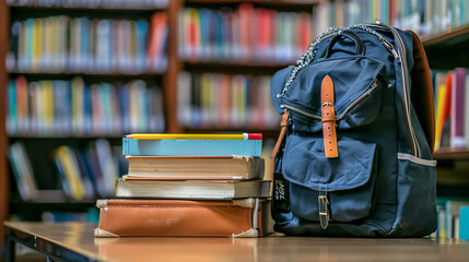 A school bag placed next to a stack of textbooks and a pencil case on a library table.