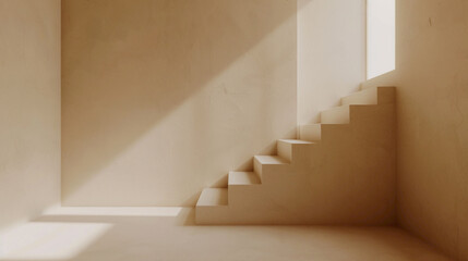 Elegant beige stairs in a minimalist Scandinavian lounge with a window and serene surroundings.