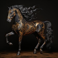 Black and gold horse statue with long mane on hind legs in wooden floor