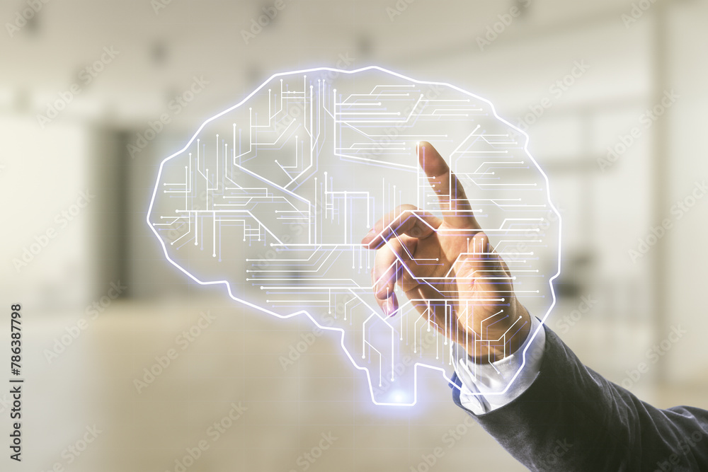 Poster double exposure of man hand working with creative human brain microcircuit hologram on blurred offic