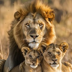 Family of lions portrait in savannah , African animals. AI generation
