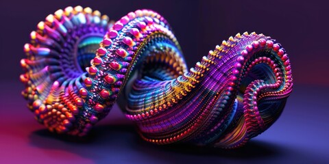 Colorful, intricate 3D-rendered fractal spirals on a purple background, showcasing vibrant hues and detailed textures.