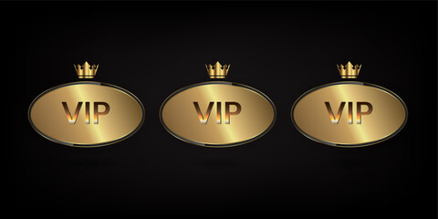 Three gold ellipse banners with crown for premium level and top value of luxury position icon, symbol, element, button, object vector illustration