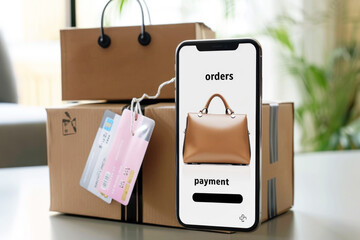 Online shopping: user ordering shoes, clothes and accessories with e commerce web site using a mobile app, home delivery concept