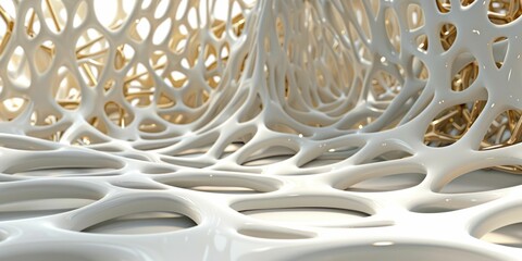 Abstract white 3D lattice structure with intricate patterns and golden highlights.