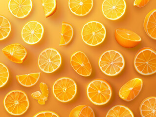 Obraz premium Orange fruits sliced top view on orange background. Design for packaging presentation, advertising and cosmetic product display background. 
