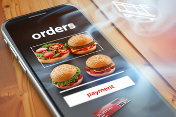 Online fast food shopping: user ordering meal online using a mobile app, food delivery concept