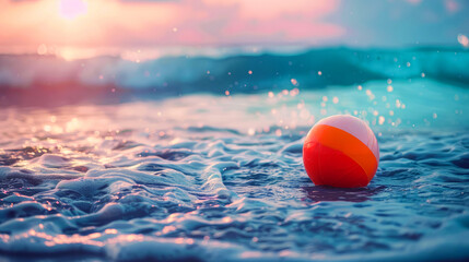 Vibrant beach ball floating on gentle waves at sunset with sparkling water reflecting the warm light