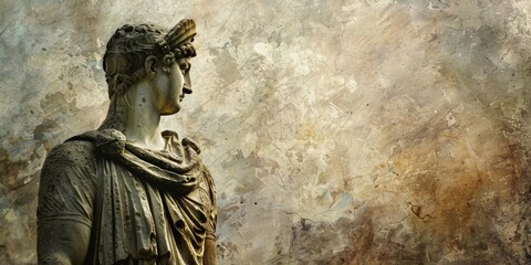 A profile view of a marble statue of a Roman soldier with a textured background. - obrazy, fototapety, plakaty