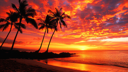 Picturesque palm trees silhouetted against a dramatic sunset sky with vivid clouds over a tranquil beach