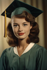 vintage portrait of female student graduating wearing mortar board hat and robe, color film photo 