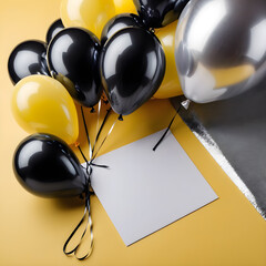 Black and yellow balloons with a blank card on a yellow background.