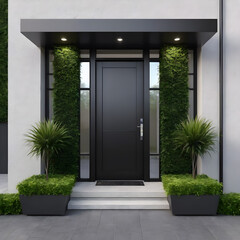front door of modern house with green plants.