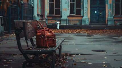 A school bag placed on a bench in a deserted school courtyard during a peaceful afternoon.