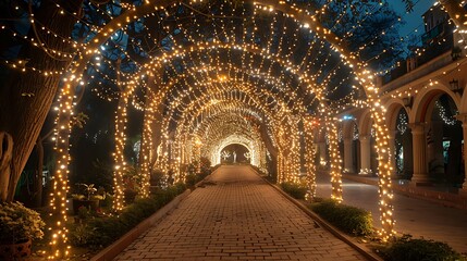 Design an extravagant canopy of twinkling fairy lights, weaving through lush foliage and enveloping the venue in a magical glow, reminiscent of a fairy tale setting.