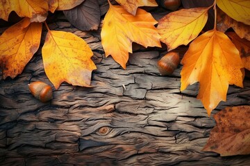 Autumn forest background. Fall Acorns on tree bark and season colorful leaves. with copyspace....