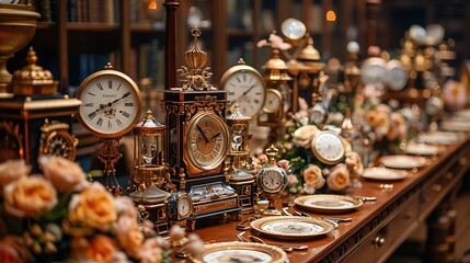 Design an opulent display of vintage clocks and hourglasses, their intricate mechanisms frozen in time, adding a touch of old-world charm to the party decor.