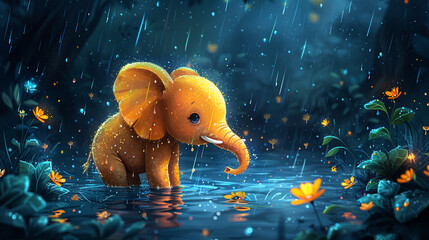 illustration of an elephant in the rain flat style