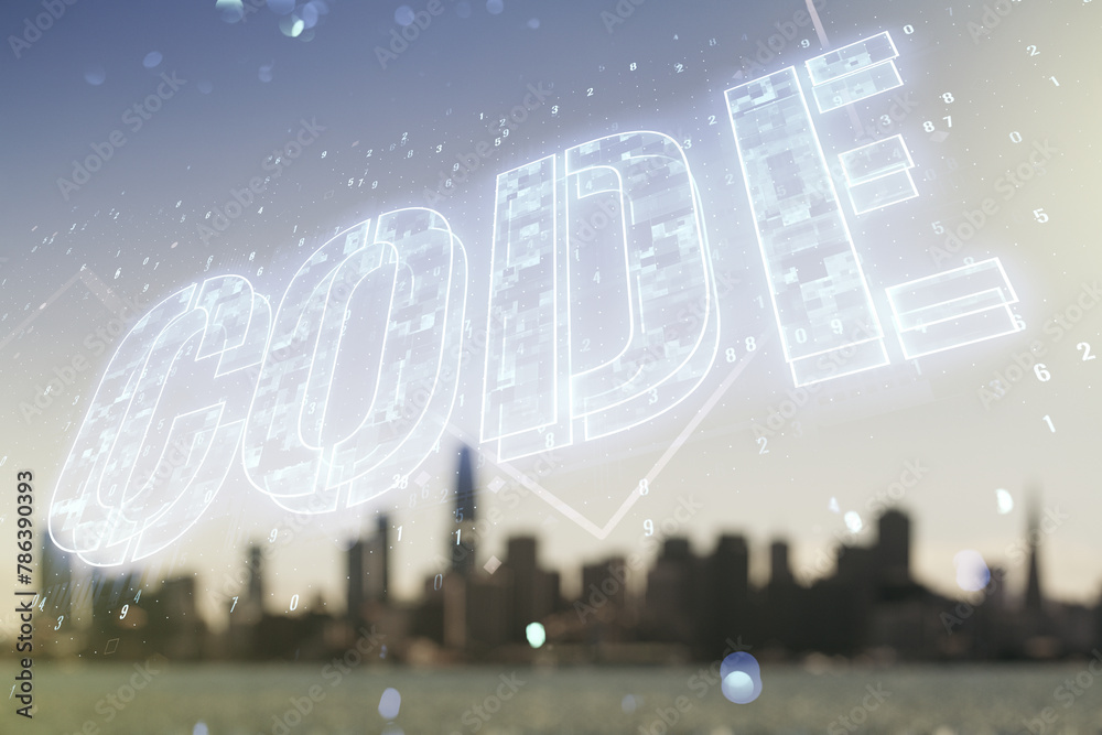 Poster code word hologram on blurry skyscrapers background, international software development concept. mul