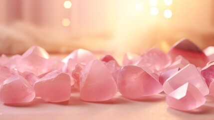 Healing crystals and smooth stones on a soft pink abstract background, creating a visually soothing spa environment, in stunning 4k clarity - obrazy, fototapety, plakaty