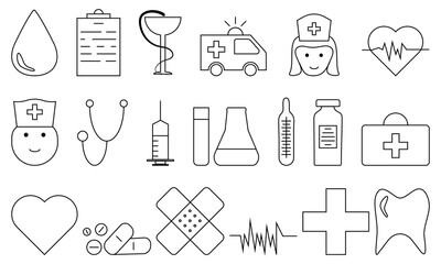 Set of icons with medicines, tools and equipment