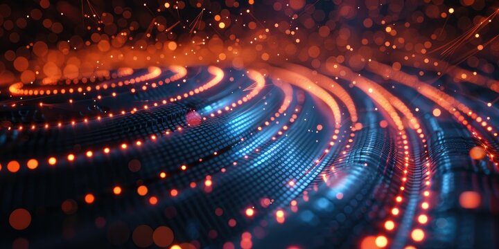 Abstract digital background with glowing blue and orange dots forming concentric circles, representing technology or data flow.