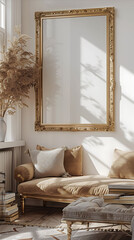 A mockup poster frame in an ornate gold frame, above a velvet cushion bench, surrounded by stacked coffee table books, in light and airy pastels, 3d render, hyperrealistic