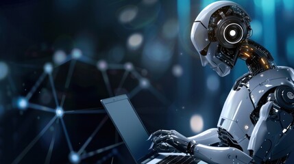 Illustration of robot humanoid using laptop symbolizing global network connection