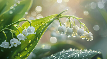 Lily of the valley flowers with morning dew drops