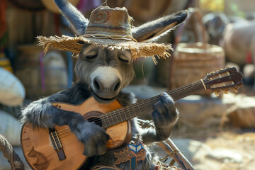 donkey in a straw hat plays the guitar sitting on the grass