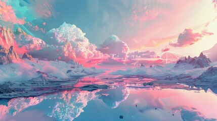 Surreal dreamlike landscape with vibrant colors reflecting in water, depicting fantasy world with ethereal mountains and skies. Visionary art and imaginative background. - obrazy, fototapety, plakaty