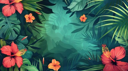 Tropical-Themed Banner with Abstract Background and Vibrant Flowers - obrazy, fototapety, plakaty