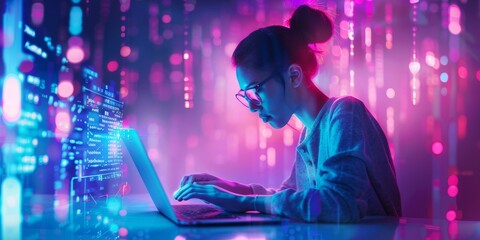 Female Hacker Decrypts Data, Secure Laptop, Futuristic Interface, Cyberpunk Aesthetic with Blue and Purple Hues